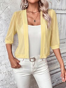 SHEIN LUNE Autumn/Winter Open Front Transparent Mesh Casual Sexy Elegant Jacket Club Night Out Party Light Yellow - Light Yellow - View 7