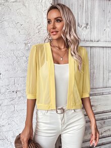 SHEIN LUNE Autumn/Winter Open Front Transparent Mesh Casual Sexy Elegant Jacket Club Night Out Party Light Yellow - Light Yellow - View 3