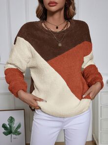 SHEIN LUNE Color Block Drop Shoulder Fuzzy Sweatshirt Asymmetrical Top In Autumn Casual Retro Vintage 70s 70's Inspired Day Time Holiday Vacation Burnt Orange - Brown - View 4