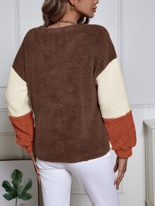 SHEIN LUNE Color Block Drop Shoulder Fuzzy Sweatshirt Asymmetrical Top In Autumn Casual Retro Vintage 70s 70's Inspired Day Time Holiday Vacation Burnt Orange - Brown - View 2