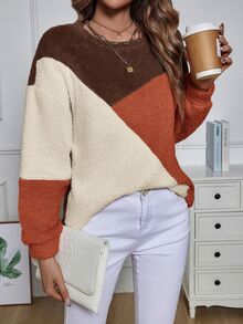 SHEIN LUNE Color Block Drop Shoulder Fuzzy Sweatshirt Asymmetrical Top In Autumn Casual Retro Vintage 70s 70's Inspired Day Time Holiday Vacation Burnt Orange - Brown - View 3