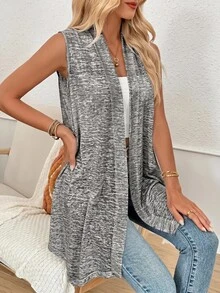 Easowa Asymmetric Hem Open Front Sleeveless Jacket Autumn Business Casual Woman Office Travel Tops See Through Going Out Boho Flowy Dark Grey Light Grey - Dark Grey - View 4