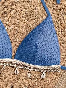 SHEIN Swim 春假純色紋理面料貝殼飾邊掛脖綁帶比基尼上衣與綁帶三角泳褲 夏日度假海灘派對女款比基尼套裝 - 寶藍色 - 查看 3