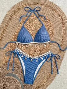 SHEIN Swim 春假純色紋理面料貝殼飾邊掛脖綁帶比基尼上衣與綁帶三角泳褲 夏日度假海灘派對女款比基尼套裝 - 寶藍色 - 查看 1