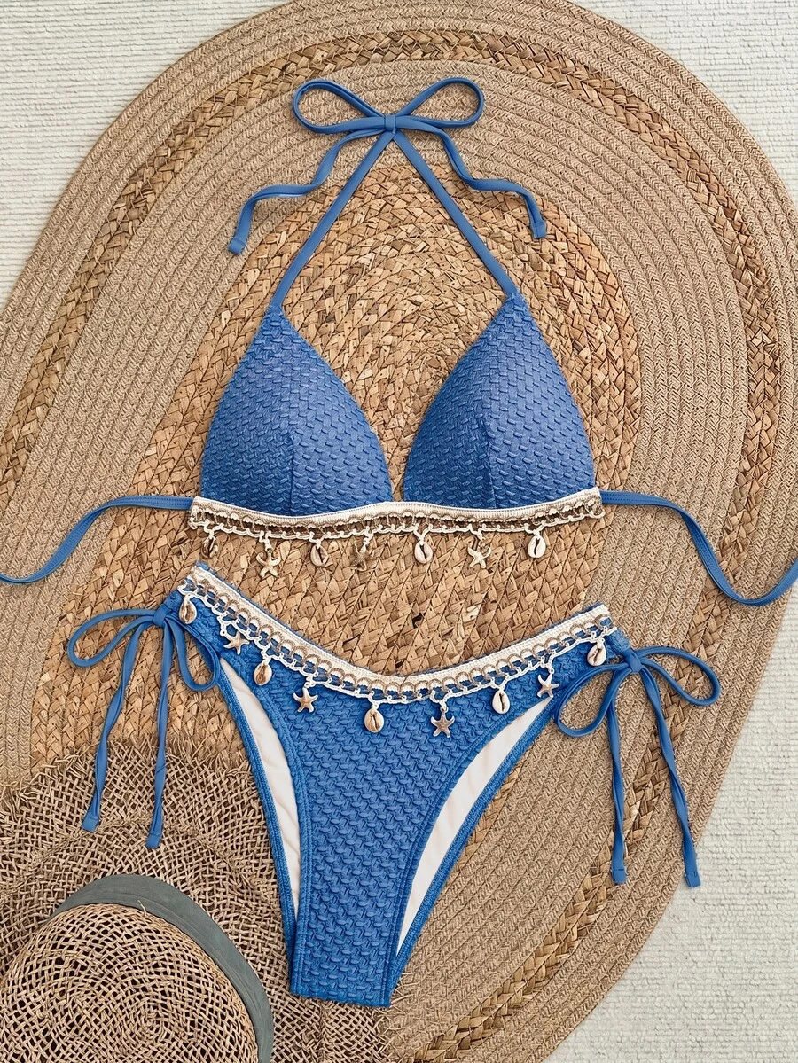 SHEIN Swim 春假純色紋理面料貝殼飾邊掛脖綁帶比基尼上衣與綁帶三角泳褲 夏日度假海灘派對女款比基尼套裝 - 寶藍色 - 查看 1