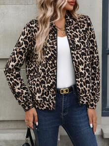 EMERY ROSE Women's Casual Streetwear Leopard Print Baseball Jacket In Autumn Everyday Travel Beige - Multicolor - View 3
