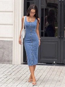 Rivivi Fashion Casual Washed Denim Back Slit Women's Denim Dress - Blue - View 6