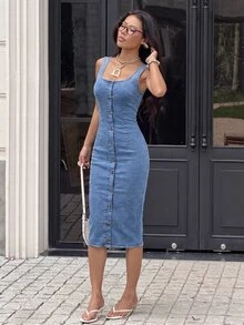 Rivivi Fashion Casual Washed Denim Back Slit Women's Denim Dress - Blue - View 4