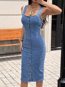 Rivivi Fashion Casual Washed Denim Back Slit Women's Denim Dress - Blue - View 3