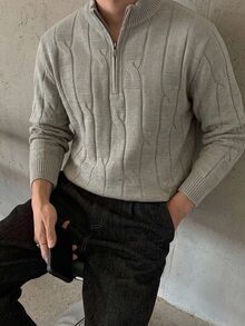 Claim Dot Sweater Pria Gaya Klasik, Kerah Polo, Lengan Panjang Kasual, Warna Polos Cokelat Muda, Musim Gugur/Dingin - Light Grey - View 1