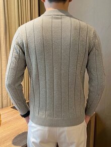 Claim Dot Sweater Pria Gaya Klasik, Kerah Polo, Lengan Panjang Kasual, Warna Polos Cokelat Muda, Musim Gugur/Dingin - Light Grey - View 2