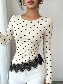 Elenzga Polka Dot Print Eyelash Lace Trim Ruched Waist Tee - Multicolor - View 4