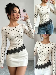 Elenzga Polka Dot Print Eyelash Lace Trim Ruched Waist Tee - Multicolor - View 2
