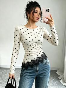 Elenzga Polka Dot Print Eyelash Lace Trim Ruched Waist Tee - Multicolor - View 6