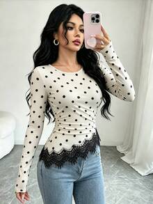 Elenzga Polka Dot Print Eyelash Lace Trim Ruched Waist Tee - Multicolor - View 1