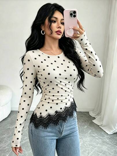 Elenzga Polka Dot Print Eyelash Lace Trim Ruched Waist Tee
