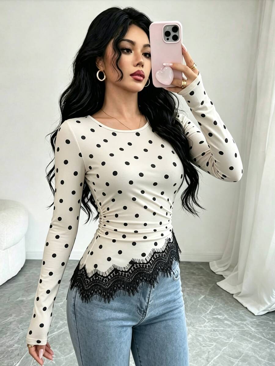 Elenzga Polka Dot Print Eyelash Lace Trim Ruched Waist Tee - Multicolor - View 1