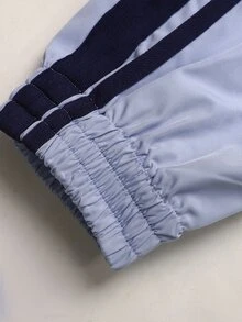 SHEIN جاكيت كاجوال فضفاض بياقة واقفة وأكتاف منسدلة مزين بشريط مدمج باللون الأزرق الفاتح للفتيات المراهقات - الأزرق - مشاهدة 6