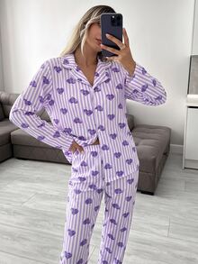 SHEIN Cottnline طقم بيجامة قميص وبنطلون بطبعة قلب وخطوط بنفسجية، بأزرار أمامية وأكمام طويلة وياقة طية - الأرجواني - مشاهدة 7