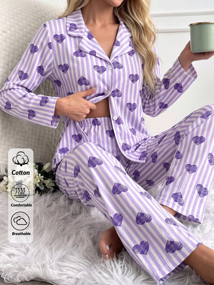 SHEIN Cottnline طقم بيجامة قميص وبنطلون بطبعة قلب وخطوط بنفسجية، بأزرار أمامية وأكمام طويلة وياقة طية