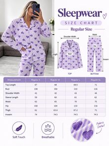SHEIN Cottnline طقم بيجامة قميص وبنطلون بطبعة قلب وخطوط بنفسجية، بأزرار أمامية وأكمام طويلة وياقة طية - الأرجواني - مشاهدة 9