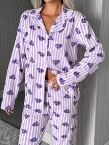 SHEIN Cottnline طقم بيجامة قميص وبنطلون بطبعة قلب وخطوط بنفسجية، بأزرار أمامية وأكمام طويلة وياقة طية - الأرجواني - مشاهدة 5