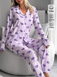 SHEIN Cottnline طقم بيجامة قميص وبنطلون بطبعة قلب وخطوط بنفسجية، بأزرار أمامية وأكمام طويلة وياقة طية - الأرجواني - مشاهدة 6