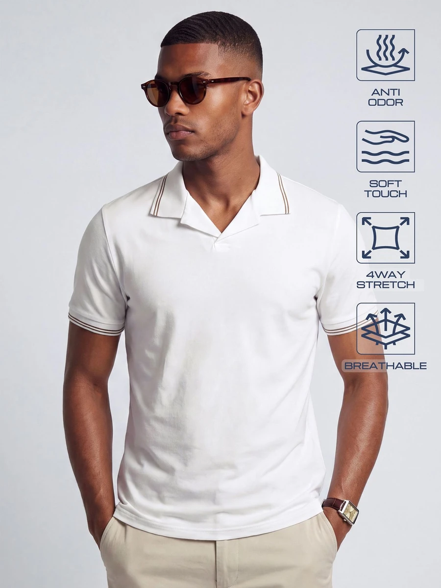 TekDrob Anti-Odor Modal Colarless Sport Polo With Ribbed Details - White - View 1