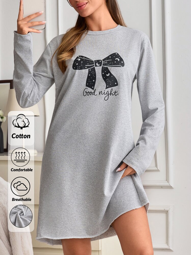 SHEIN Women Grey Bow & Moon Print Round Neck Long Sleeve Sleep Dress Soft Casual Nightgown - Grey - View 5