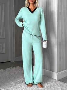 SHEIN Cotton Rib 2pcs Mint GreenLong Sleeve Contrast Lace Sleep Tee + Long Pants Casual Lounge Pajama Set - Mint Green - View 3