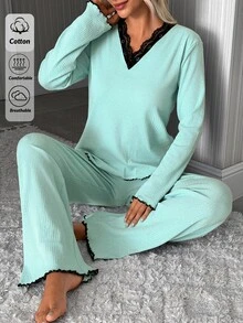 SHEIN Cotton Rib 2pcs Mint GreenLong Sleeve Contrast Lace Sleep Tee + Long Pants Casual Lounge Pajama Set - Mint Green - View 5
