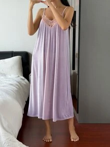 DAZY 蕾絲拼接無袖細肩帶長洋裝 夏季女款睡裙 - 淡紫色 - 查看 5