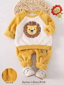Cozy Pixies 男嬰卡通動物印花抓絨內裡加厚圓領長袖套頭運動衫與鬆緊腰長褲兩件套 - 黃色 - 查看 3