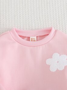 Cozy Pixies 女嬰花卉圖案針織柔軟圓領長袖套頭衛衣與內搭褲套裝 - 淺粉色 - 查看 4
