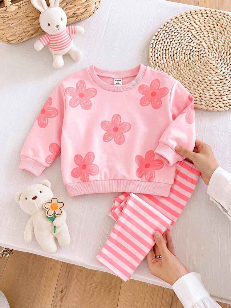 SHEIN Baby Girl Floral Print Long Sleeve Sweatshirt And Striped Long Pants Casual Set - Pink - View 3