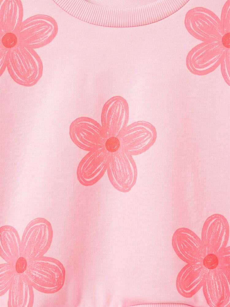 SHEIN Baby Girl Floral Print Long Sleeve Sweatshirt And Striped Long Pants Casual Set - Pink - View 7