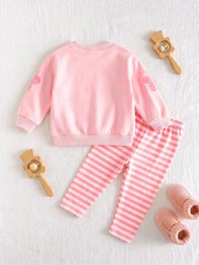 SHEIN 女嬰花卉印花長袖衛衣與條紋長褲休閒套裝，適合秋冬穿著 - 粉色 - 查看 2