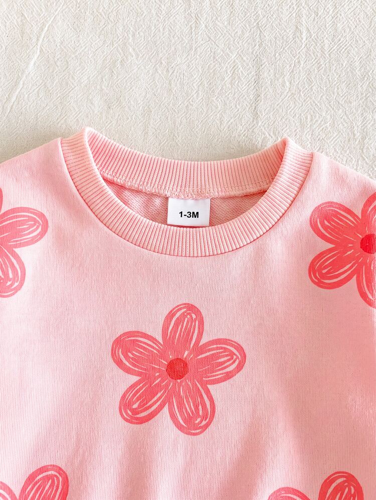 SHEIN Baby Girl Floral Print Long Sleeve Sweatshirt And Striped Long Pants Casual Set - Pink - View 5