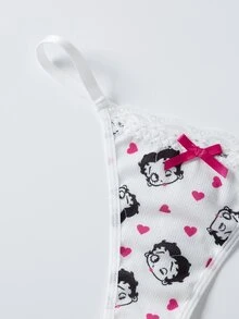 Betty Boop x SHEIN Women's Heart Cartoon Print Bow Decor Contrast Lace Lingerie Set - White - View 9