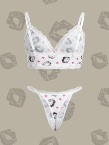 Betty Boop x SHEIN Women's Heart Cartoon Print Bow Decor Contrast Lace Lingerie Set - White - View 2