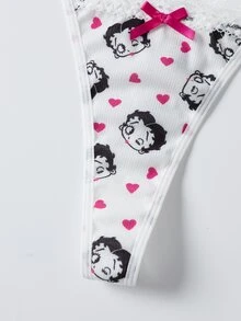 Betty Boop x SHEIN Women's Heart Cartoon Print Bow Decor Contrast Lace Lingerie Set - White - View 10