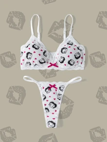 Betty Boop x SHEIN Women's Heart Cartoon Print Bow Decor Contrast Lace Lingerie Set - White - View 4