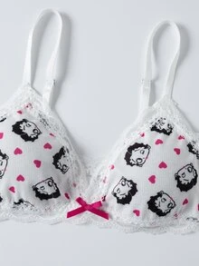 Betty Boop x SHEIN Women's Heart Cartoon Print Bow Decor Contrast Lace Lingerie Set - White - View 7