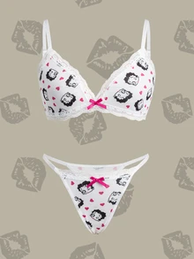 Betty Boop x SHEIN Women's Heart Cartoon Print Bow Decor Contrast Lace Lingerie Set - White - View 3