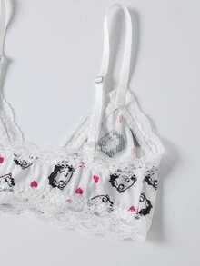 Betty Boop x SHEIN Women's Heart Cartoon Print Bow Decor Contrast Lace Lingerie Set - White - View 8