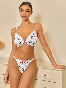 Betty Boop x SHEIN Women's Heart Cartoon Print Bow Decor Contrast Lace Lingerie Set - White - View 1