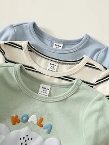 SHEIN 3pcs Baby Boy Baby Girl Autumn/Winter Cartoon Animal Pattern Knitted Soft Crew Neck Long Sleeve Pullover T-Shirt Set, Cute Infant Tops - Multicolor - View 3
