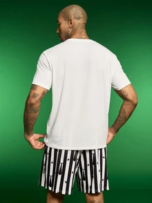 Beetlejuice X SHEIN Men's Letter Tie Pattern Print Short Sleeve Top And Striped Shorts Loungewear Set - White - View 2