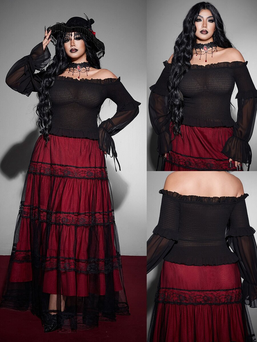 Whyspr Atasan Wanita Ukuran Besar Model Goth Halloween Lengan Lonceng Transparan dengan Bahu Tunggal dan Detail Kerut - Hitam - View 1