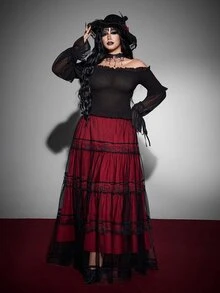 Whyspr Atasan Wanita Ukuran Besar Model Goth Halloween Lengan Lonceng Transparan dengan Bahu Tunggal dan Detail Kerut - Hitam - View 3